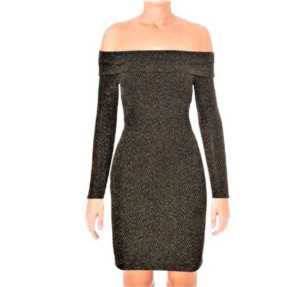 NWT AQUA Women's Black Gold KNIT OFF THE SHOULDER Stretch DRESS SZ S